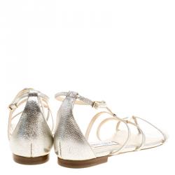 Pre Owned صندل فلات جيمي تشو دوري جلد فضي ميتاليك منقوش مقدمة مفتوحة مقاس 40