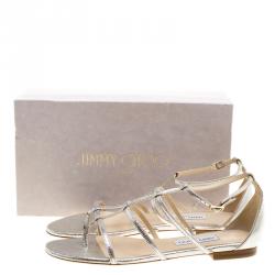 Pre Owned صندل فلات جيمي تشو دوري جلد فضي ميتاليك منقوش مقدمة مفتوحة مقاس 40