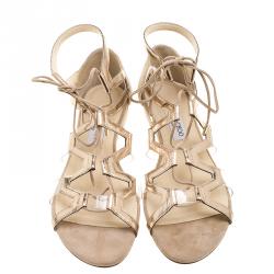 مملوكة مسبقًا Jimmy Choo Metallic Bronze Leather Dell Lace Up Open Toe Flat Sandals Size 41