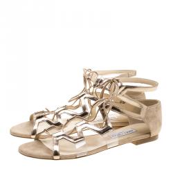 مملوكة مسبقًا Jimmy Choo Metallic Bronze Leather Dell Lace Up Open Toe Flat Sandals Size 41