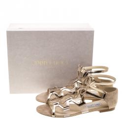 مملوكة مسبقًا Jimmy Choo Metallic Bronze Leather Dell Lace Up Open Toe Flat Sandals Size 41