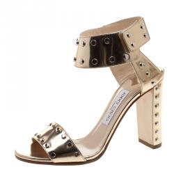 Pre Owned Jimmy Choo Metallic Gold Studded Leather Veto Ankle Strap Open Toe Sandals Size 38