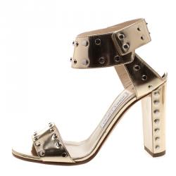 Pre Owned Jimmy Choo Metallic Gold Studded Leather Veto Ankle Strap Open Toe Sandals Size 38