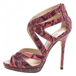 مملوكة مسبقًا صندل جيمي تشو كولار جلد ثعبان وردي نعل سميك مقاس 40