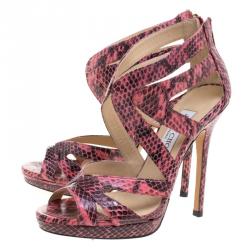 مملوكة مسبقًا صندل جيمي تشو كولار جلد ثعبان وردي نعل سميك مقاس 40