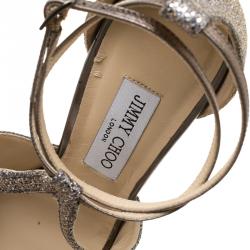 مملوكة مسبقًا صندل جيمي تشو فالدي جلد فضي ميتاليك وقماش لاميه بحزام للكاحل نعل سميك مقاس 40