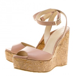 Pre Owned Jimmy Choo Cream Leather Patara Embroidered Cork Wedges Size 41