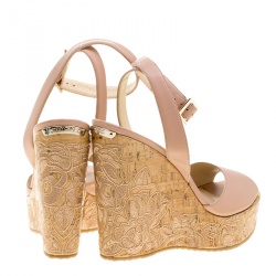Pre Owned Jimmy Choo Cream Leather Patara Embroidered Cork Wedges Size 41