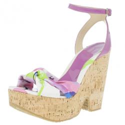 مملوكة مسبقًا Jimmy Choo Purple Gleam Printed Cork Wedge Sandals Size 41