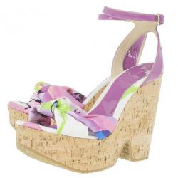 مملوكة مسبقًا Jimmy Choo Purple Gleam Printed Cork Wedge Sandals Size 41
