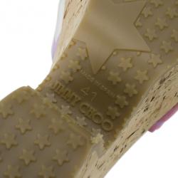 مملوكة مسبقًا Jimmy Choo Purple Gleam Printed Cork Wedge Sandals Size 41