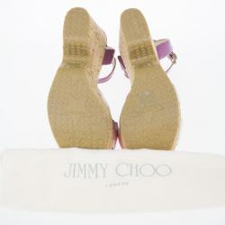 مملوكة مسبقًا Jimmy Choo Purple Gleam Printed Cork Wedge Sandals Size 41
