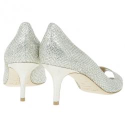 Pre Owned Jimmy Choo Silver Glitter Leather Isabel Peep Toe Pumps Size 39.5