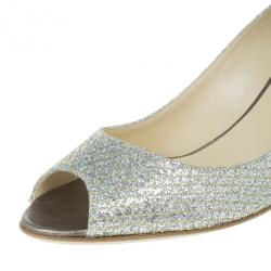 Pre Owned Jimmy Choo Silver Glitter Leather Isabel Peep Toe Pumps Size 39.5