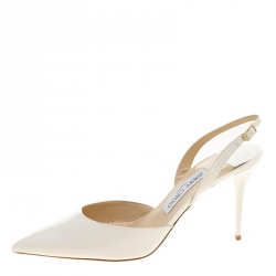 Pre Owned صندل جيمي تشو تيلي جلد أبيض لامع مقدمة مدببة بحزام للكاحل مقاس 38.5