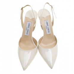 Pre Owned صندل جيمي تشو تيلي جلد أبيض لامع مقدمة مدببة بحزام للكاحل مقاس 38.5