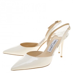 Pre Owned صندل جيمي تشو تيلي جلد أبيض لامع مقدمة مدببة بحزام للكاحل مقاس 38.5