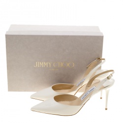 Pre Owned صندل جيمي تشو تيلي جلد أبيض لامع مقدمة مدببة بحزام للكاحل مقاس 38.5