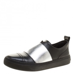 Pre Owned Jimmy Choo Black and Silver Leather Boston Slip On Sneakers Size 35.5