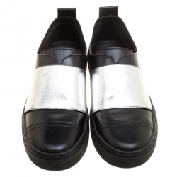 Pre Owned Jimmy Choo Black and Silver Leather Boston Slip On Sneakers Size 35.5