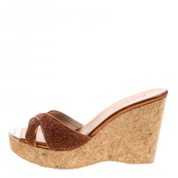 Pre Owned Jimmy Choo Metallic Pop Orange Lurex Fabric Perfume Cork Wedge Slides Size 41