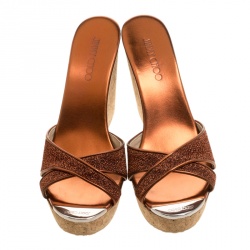 Pre Owned Jimmy Choo Metallic Pop Orange Lurex Fabric Perfume Cork Wedge Slides Size 41