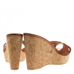 Pre Owned Jimmy Choo Metallic Pop Orange Lurex Fabric Perfume Cork Wedge Slides Size 41