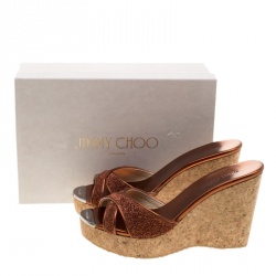 Pre Owned Jimmy Choo Metallic Pop Orange Lurex Fabric Perfume Cork Wedge Slides Size 41