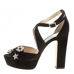 Pre Owned Jimmy Choo Black Suede Janet Cross Strap Platform Block Heel Sandals Size 38