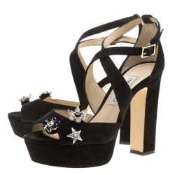 Pre Owned Jimmy Choo Black Suede Janet Cross Strap Platform Block Heel Sandals Size 38