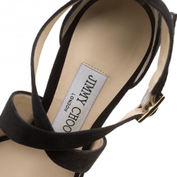 Pre Owned Jimmy Choo Black Suede Janet Cross Strap Platform Block Heel Sandals Size 38