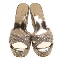 مملوكة مسبقًا صندل سلايد جيمي تشو برفيوم جلد ثعبان أصفر كعب روكي مقاس 36