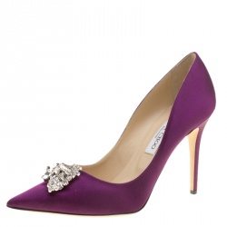 Pre Owned Jimmy Choo Exclusive Collection Deep Purple Satin Manda Crystal Embellished Pointed Toe Pumps Size 41