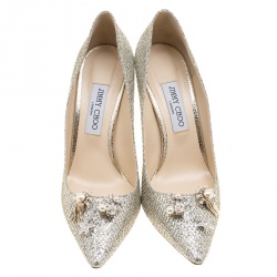 Pre Owned حذاء كعب عالي جيمي تشو جازمين قماش براق شامبانيا ميتاليك مزخرف كريستال مقدمة مدببة مقاس 41