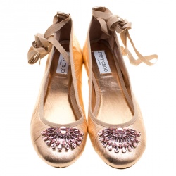 Pre Owned Jimmy Choo Metallic Rose Leather Grace Crystal Embellished Ankle Wrap Ballet Flats Size 40