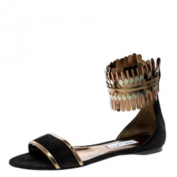 Pre Owned صندل فلات جيمي تشو كيمرو سويدي أسود وجلد عاكس بحزام للكاحل مقاس 41