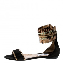 Pre Owned صندل فلات جيمي تشو كيمرو سويدي أسود وجلد عاكس بحزام للكاحل مقاس 41