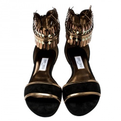 Pre Owned صندل فلات جيمي تشو كيمرو سويدي أسود وجلد عاكس بحزام للكاحل مقاس 41