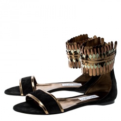 Pre Owned صندل فلات جيمي تشو كيمرو سويدي أسود وجلد عاكس بحزام للكاحل مقاس 41