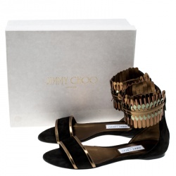 Pre Owned صندل فلات جيمي تشو كيمرو سويدي أسود وجلد عاكس بحزام للكاحل مقاس 41