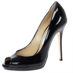 Pre Owned Jimmy Choo Black Patent Quiet Peep Toe Platform Pumps Size 38