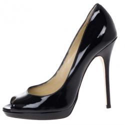 Pre Owned Jimmy Choo Black Patent Quiet Peep Toe Platform Pumps Size 38