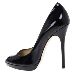Pre Owned Jimmy Choo Black Patent Quiet Peep Toe Platform Pumps Size 38