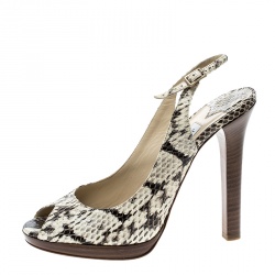 Pre Owned Jimmy Choo Beige Snakeskin Leather Peep Toe Platform Slingback Sandals Size 38