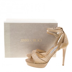 Pre Owned Jimmy Choo Beige Lace Kayden Ankle Strap Platform Sandals Size 40