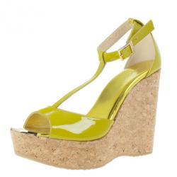 Pre Owned Jimmy Choo Lime Green Patent Pania Cork Wedges Sandals Size 40