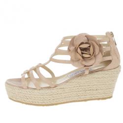 Pre Owned Jimmy Choo Beige Leather Pulse Cage Espadrille Wedges size 40