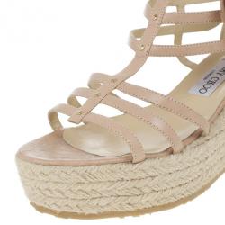 Pre Owned Jimmy Choo Beige Leather Pulse Cage Espadrille Wedges size 40
