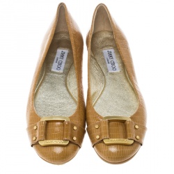 Pre Owned Jimmy Choo Beige Lizard Embossed Leather Morse Buckle Detail Ballet Flats Size 41