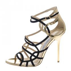 مملوكة مسبقًا Jimmy Choo Black and Gold Fabric Strappy Sandals Size 37.5